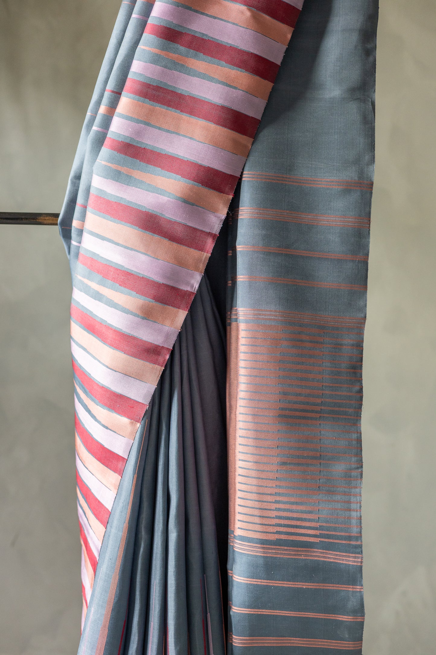 Grey Kanjivaram Silk with Multicolour Geometric Border and Peach Striped Pallu Saree