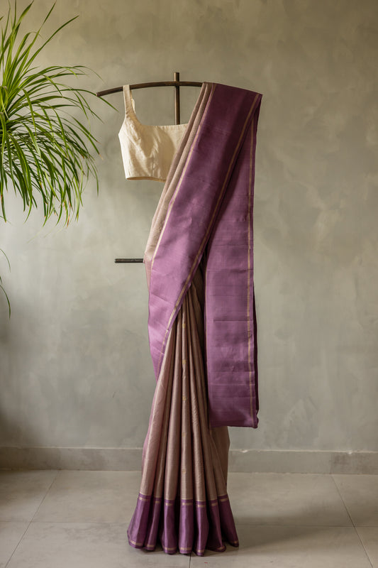 Light Brown Kanjivaram Silk All Over Checks and Motifs with Big Purple Border Saree