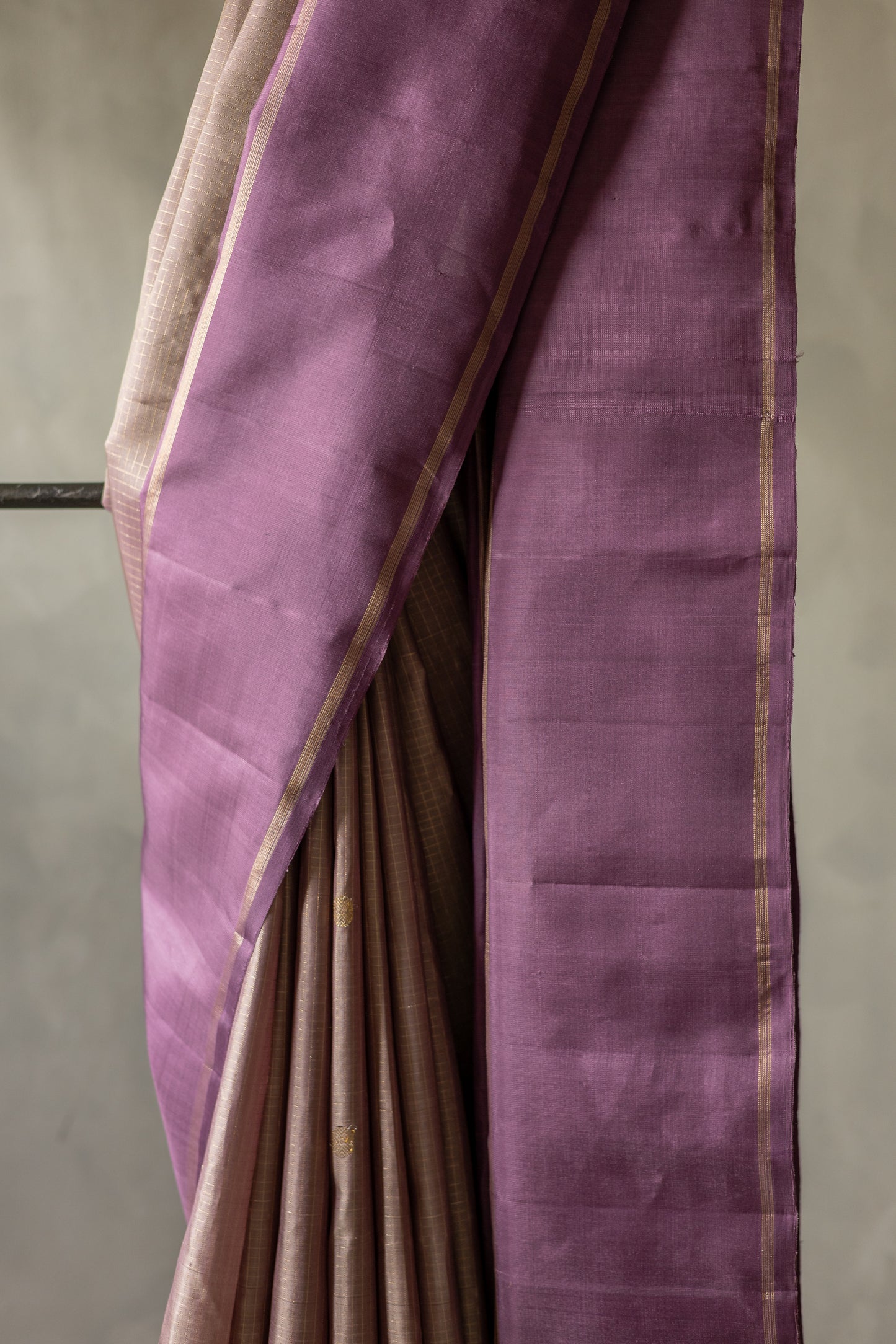 Light Brown Kanjivaram Silk All Over Checks and Motifs with Big Purple Border Saree