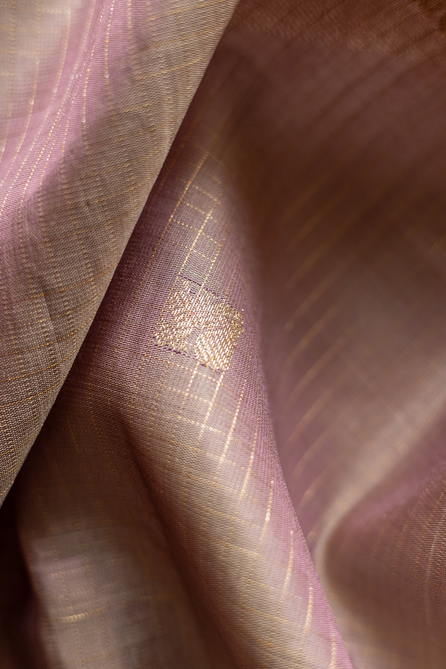 Light Brown Kanjivaram Silk All Over Checks and Motifs with Big Purple Border Saree