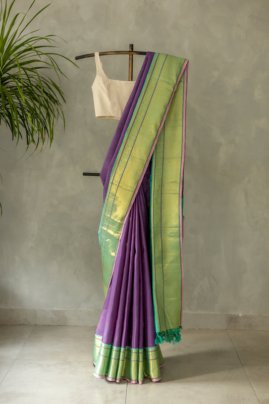 Purple Kanjivaram Silk with Small Round Zari motif and Green Border Saree