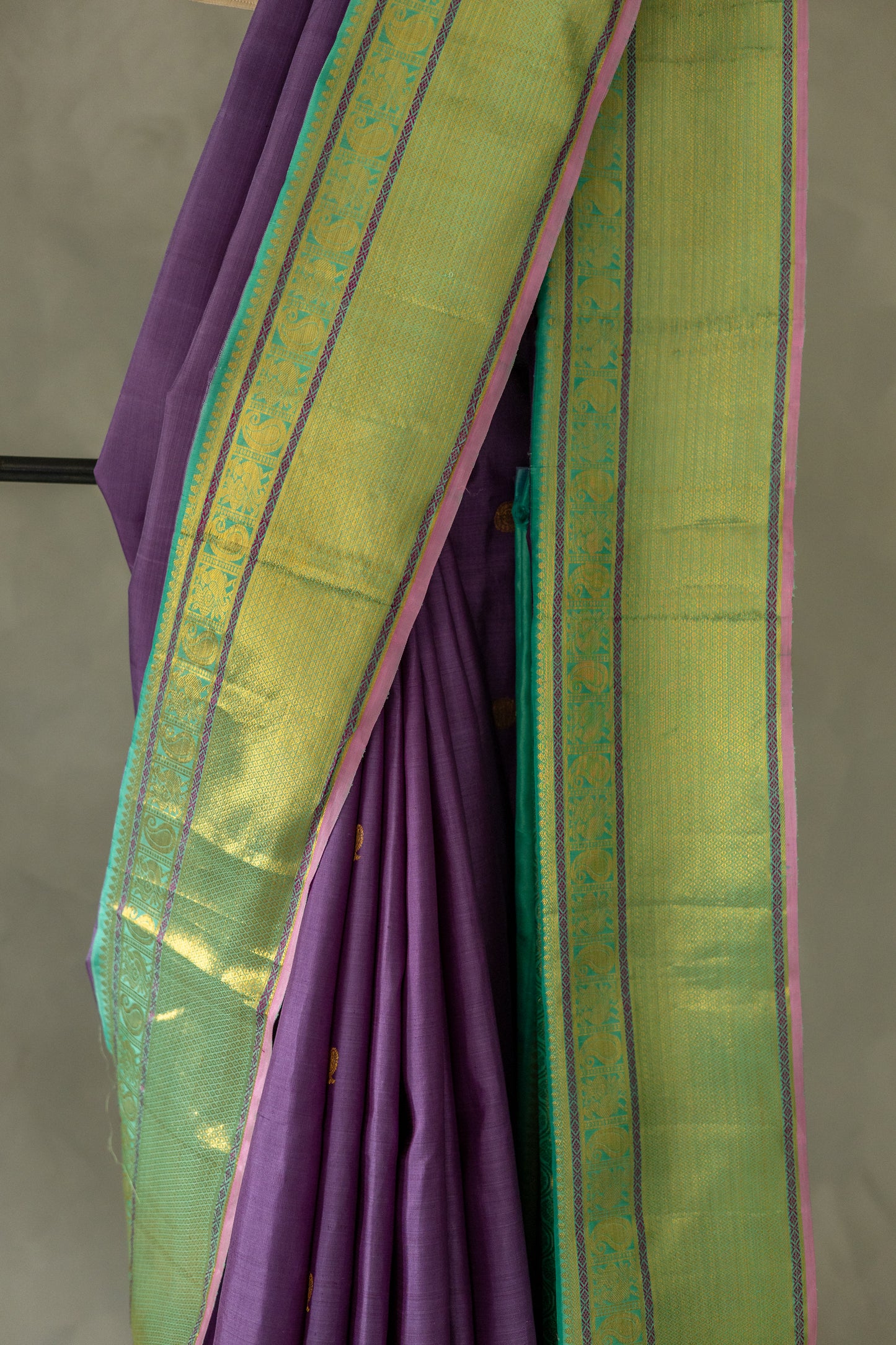 Purple Kanjivaram Silk with Small Round Zari motif and Green Border Saree