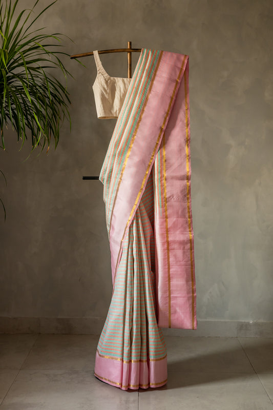 Cyan with Pink Striped Kanjivaram Silk with Thick Pink Border Saree