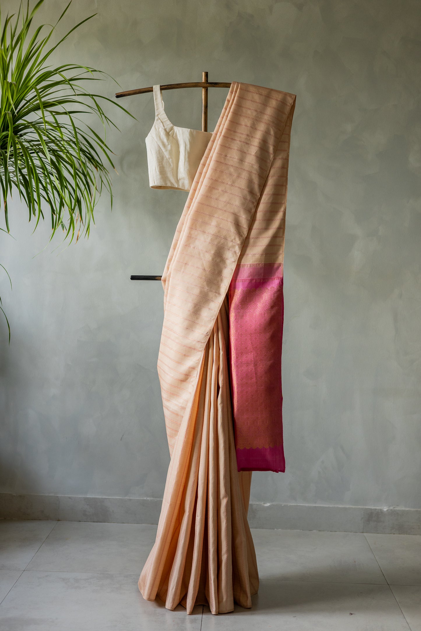 Beige Body with All Over Stripes with Pink Pallu Kanjivaram Silk Saree