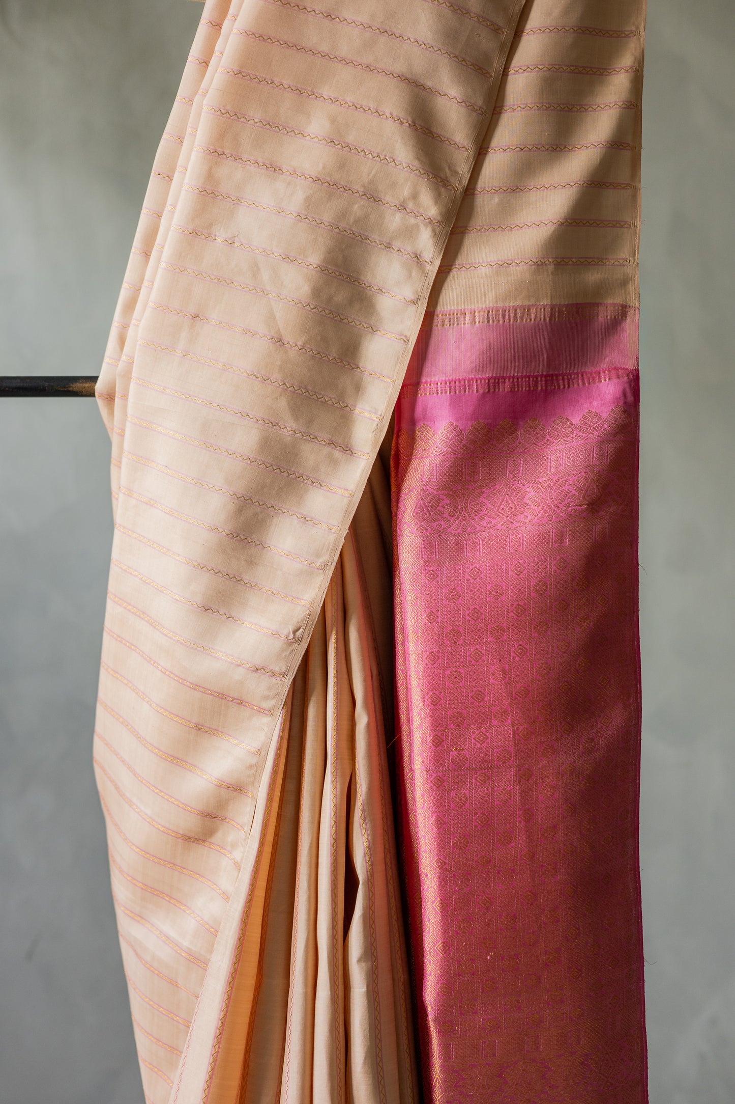 Beige Body with All Over Stripes with Pink Pallu Kanjivaram Silk Saree