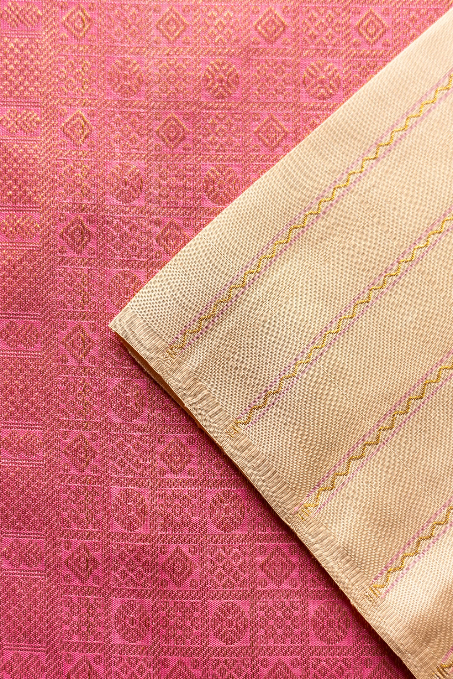 Beige Body with All Over Stripes with Pink Pallu Kanjivaram Silk Saree