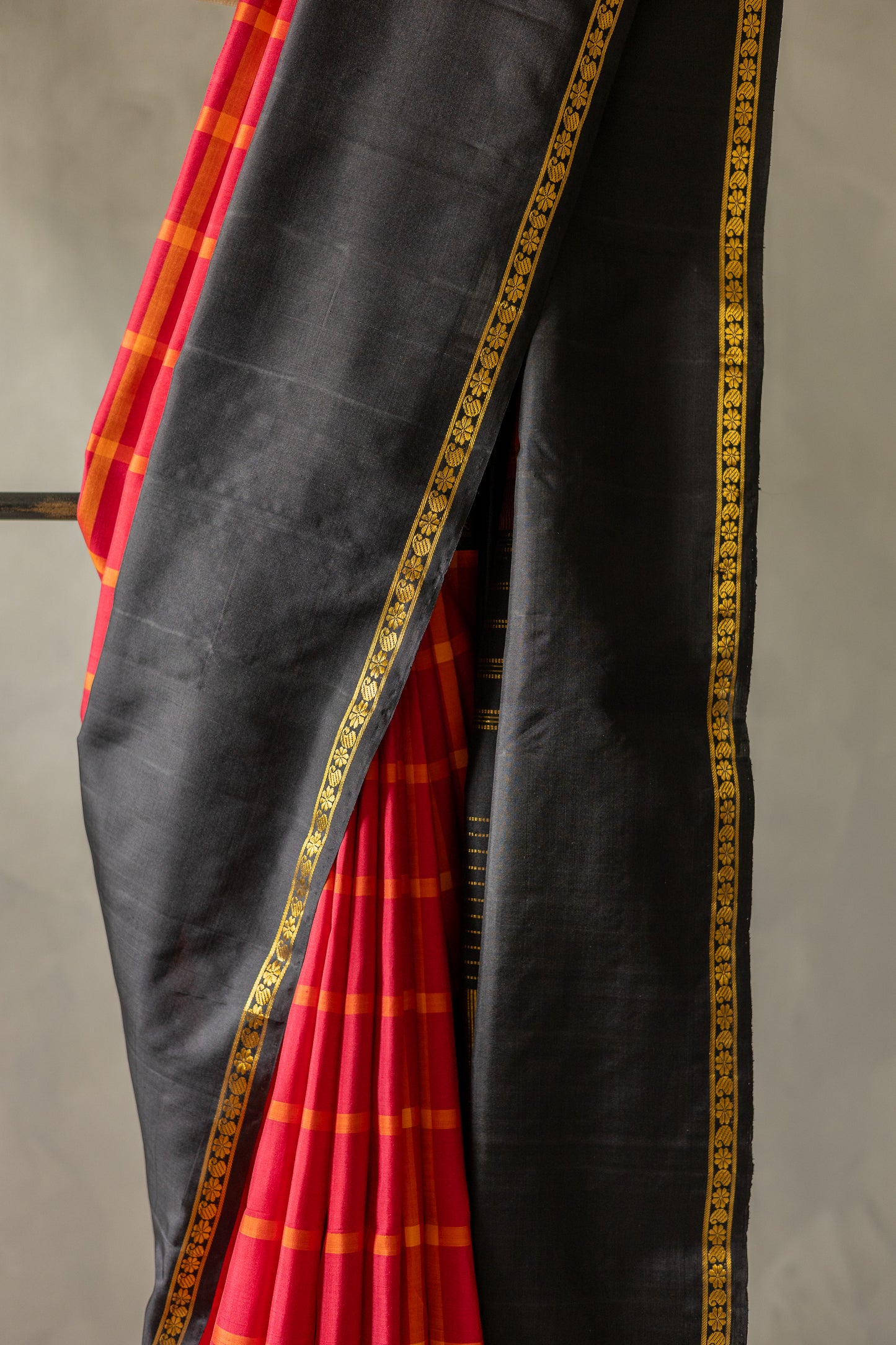 Red with Orange Big Checks Kanjivaram Silk with Black Border Saree