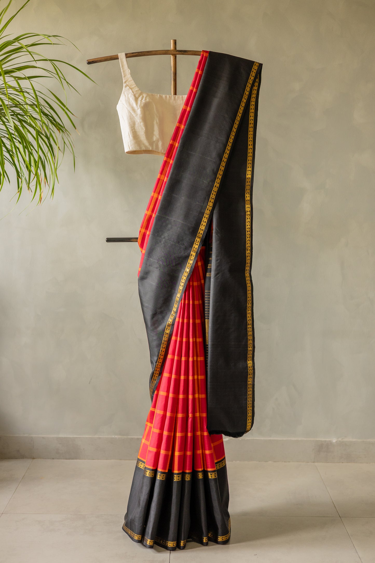 Red with Orange Big Checks Kanjivaram Silk with Black Border Saree
