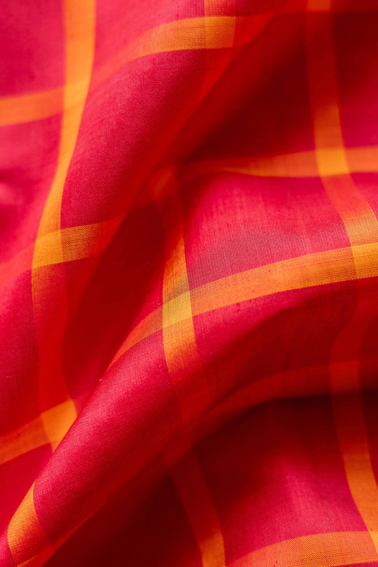 Red with Orange Big Checks Kanjivaram Silk with Black Border Saree