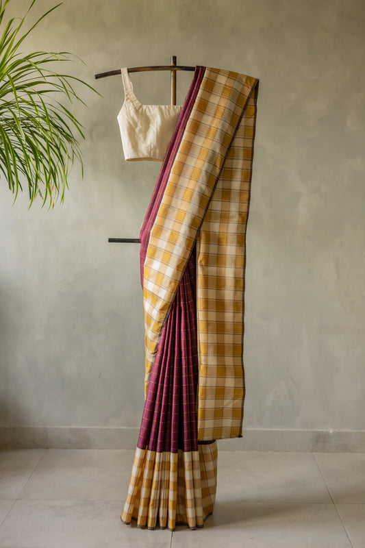 Maroon All Over Thin Checks with Kanjivaram Silk Beige and Mustard Checks Border Saree