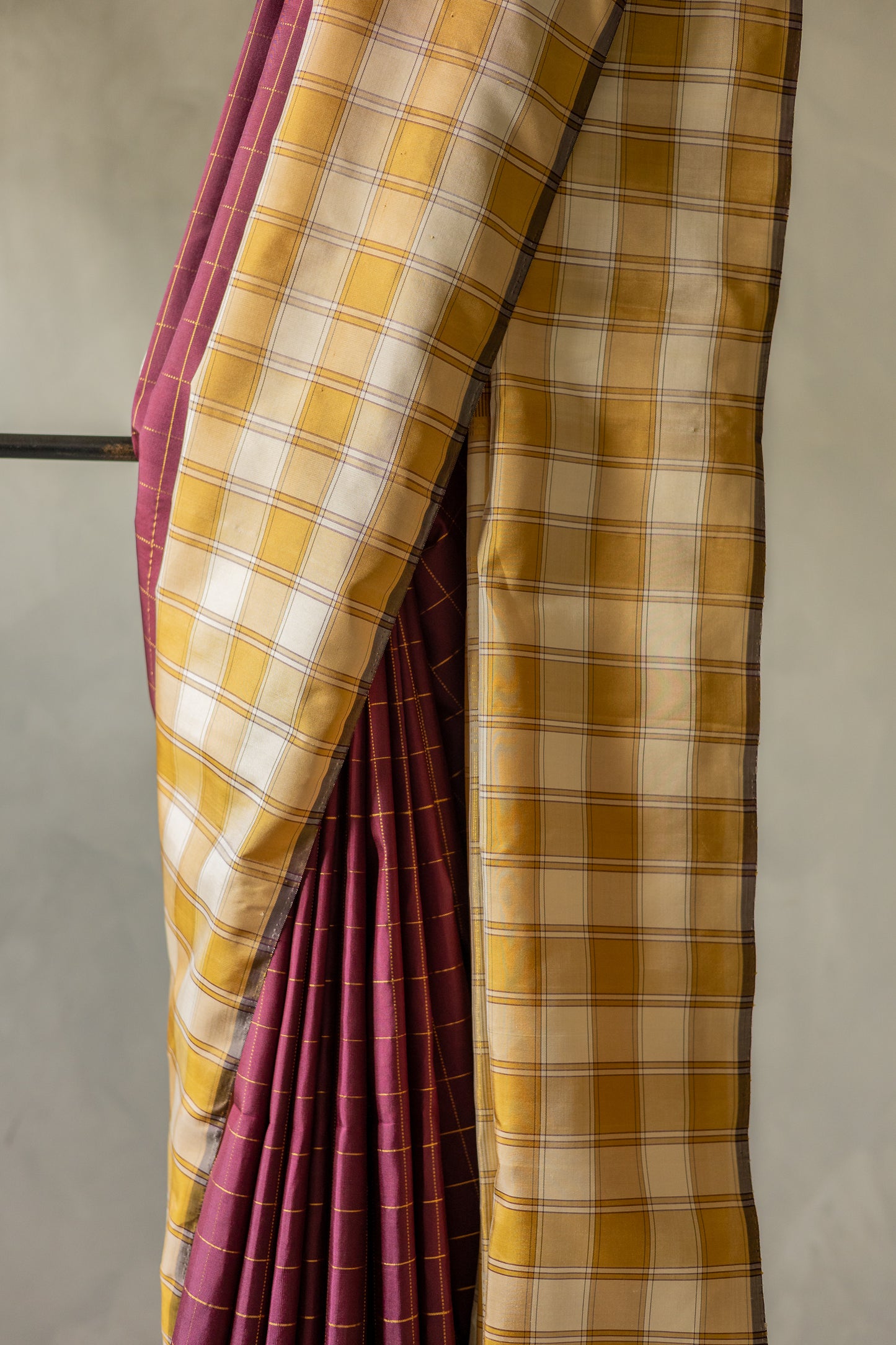 Maroon All Over Thin Checks with Kanjivaram Silk Beige and Mustard Checks Border Saree