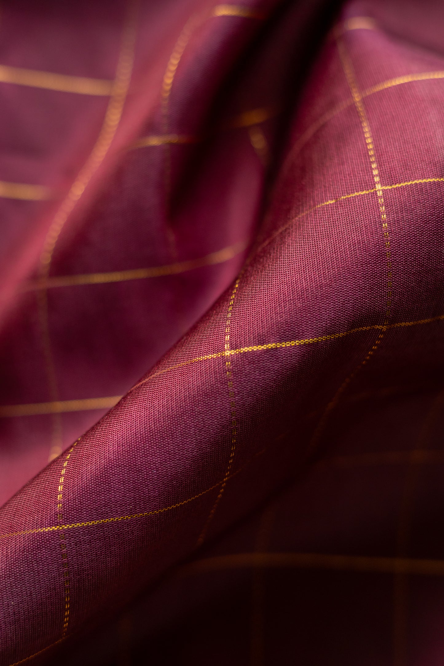 Maroon All Over Thin Checks with Kanjivaram Silk Beige and Mustard Checks Border Saree