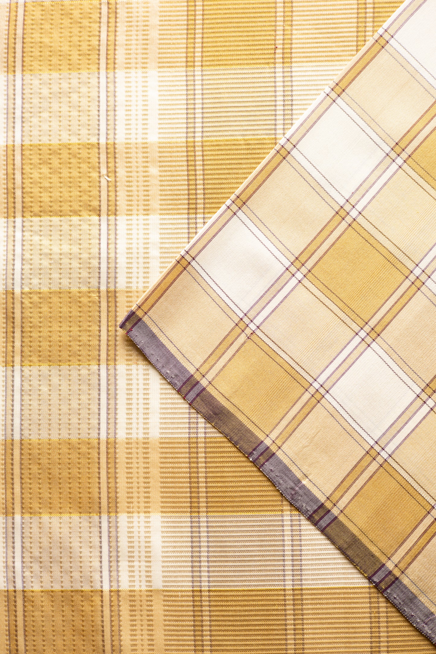 Maroon All Over Thin Checks with Kanjivaram Silk Beige and Mustard Checks Border Saree