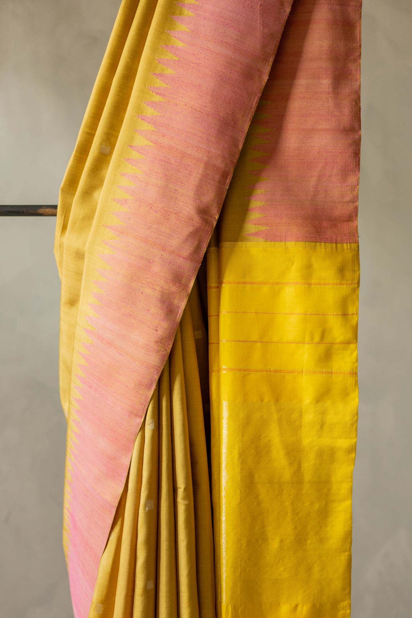 Mustard Yellow Body and Pallu Kanjivaram Silk with Pink Border Saree
