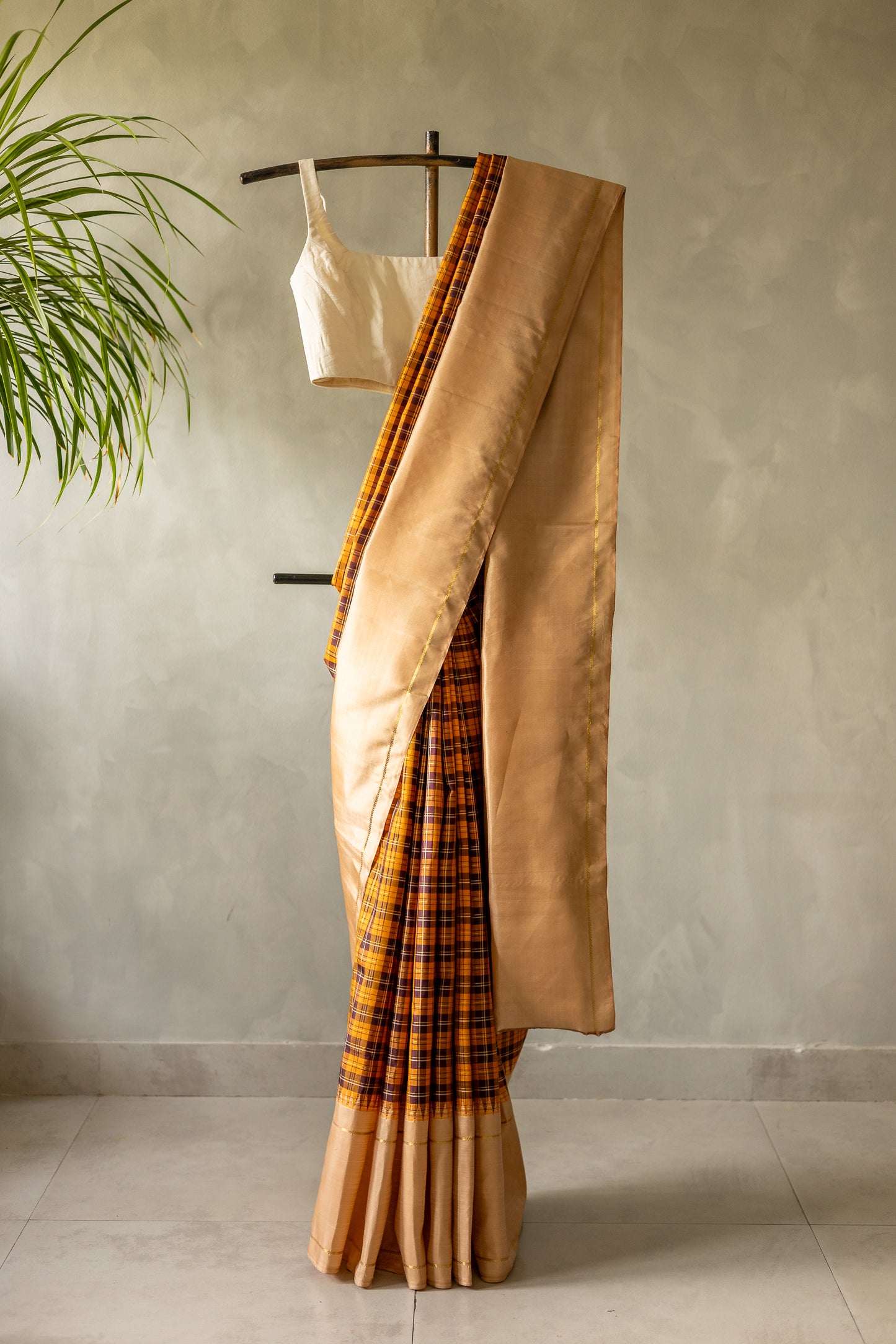 Orange and Brown Checks Kanjivaram Silk with Thick Beige Border Saree
