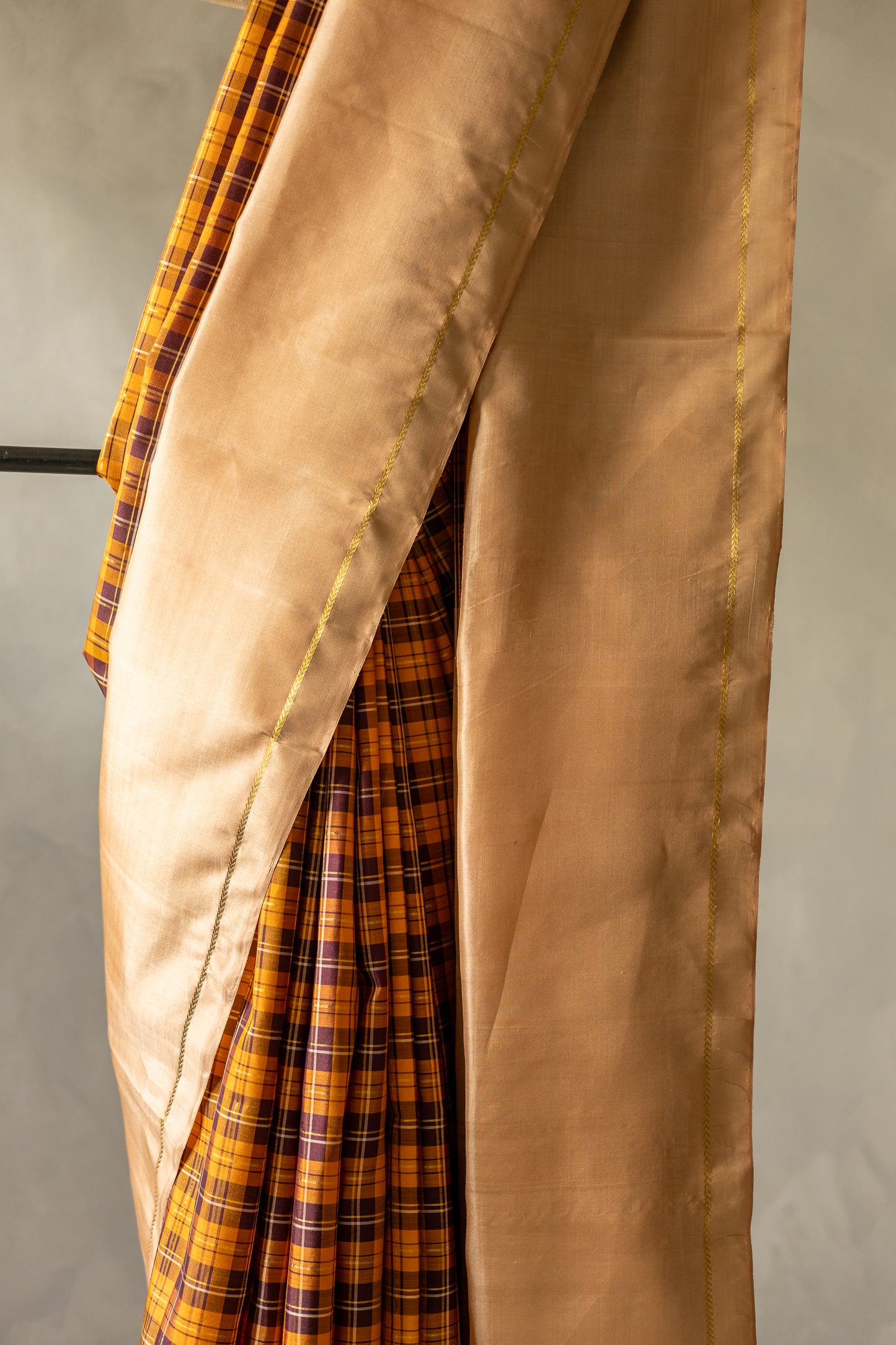 Orange and Brown Checks Kanjivaram Silk with Thick Beige Border Saree