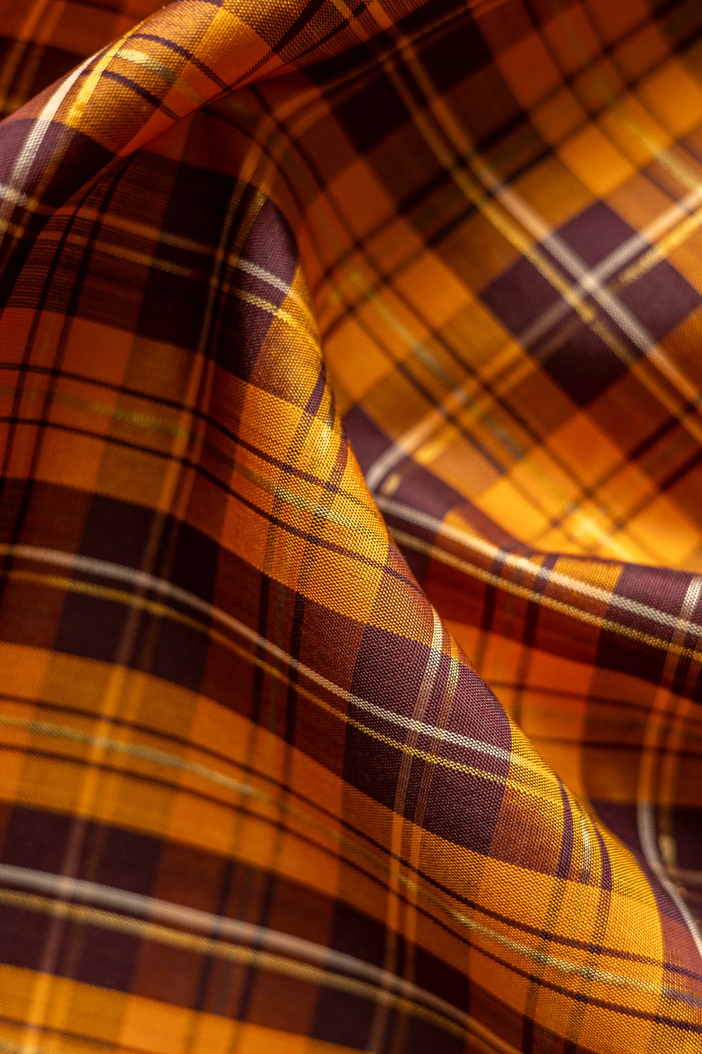 Orange and Brown Checks Kanjivaram Silk with Thick Beige Border Saree