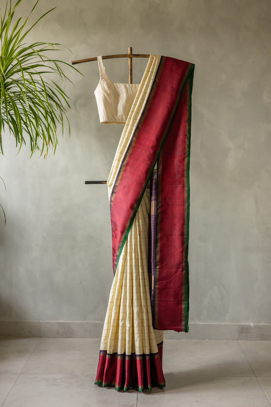 Off-White All Over Checks Kanjivaram Silk with Red Border Saree