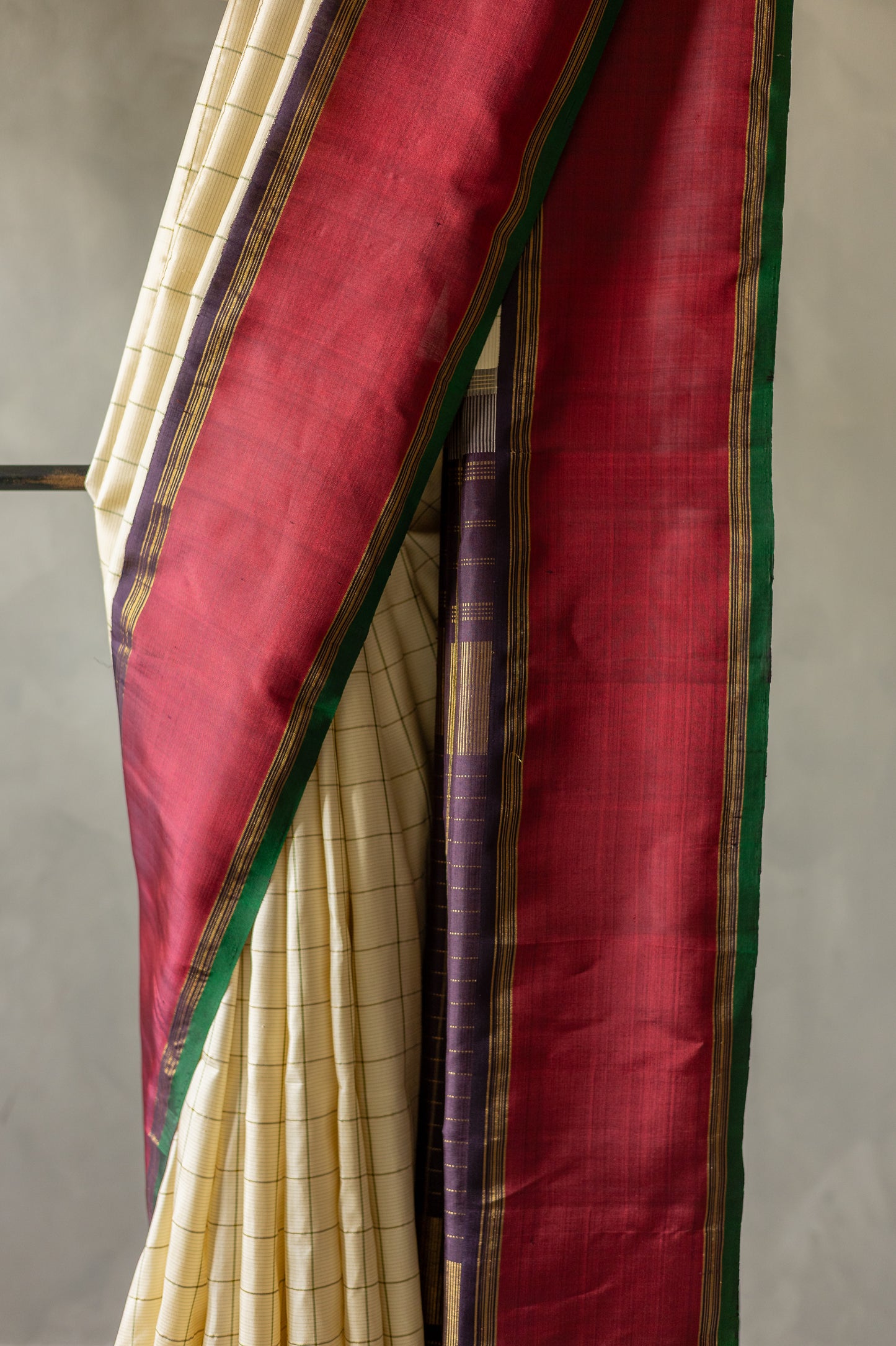 Off-White All Over Checks Kanjivaram Silk with Red Border Saree