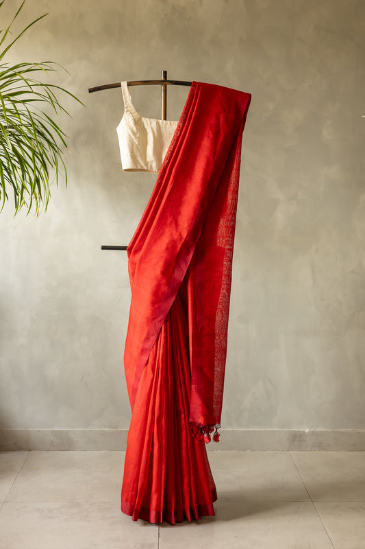 Scarlet Red Plain Mangalagiri Silk Cotton Saree