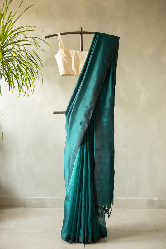 Teal Green Plain Mangalagiri Silk Cotton Saree