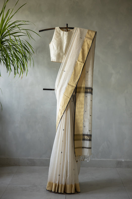 Off White Silk Cotton All Over Small Triangle Motif with Gold Border Saree