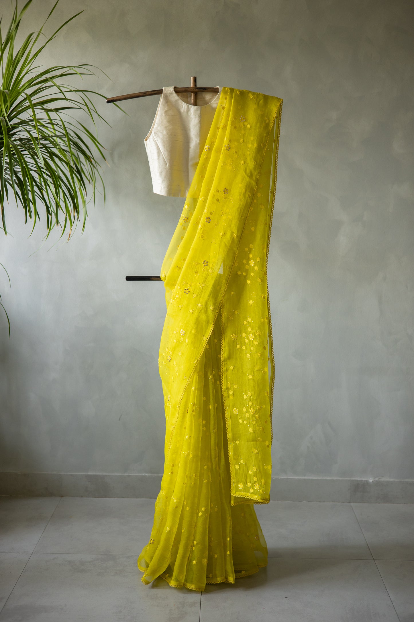 Yellow Embroidered Organza Silk Saree