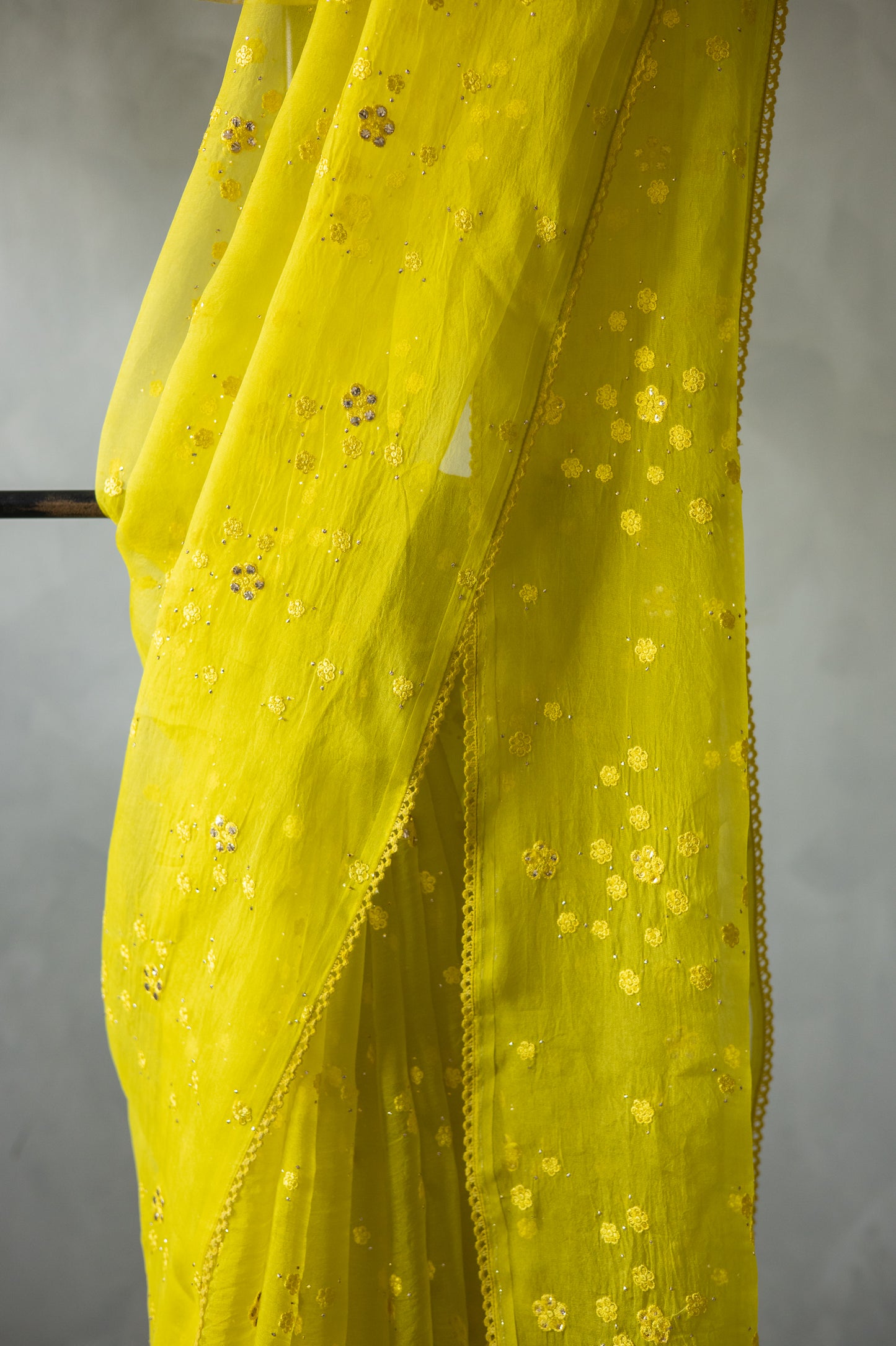 Yellow Embroidered Organza Silk Saree