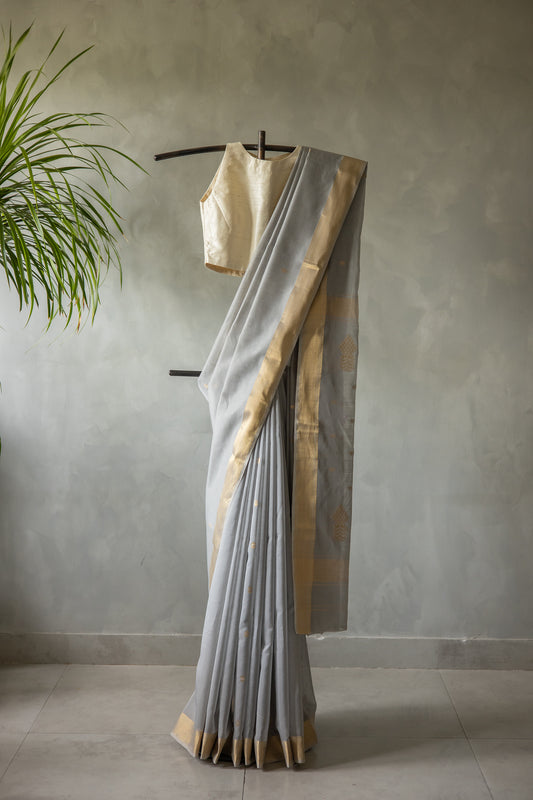 Grey Maheswari Silk Cotton with Gold Border Saree