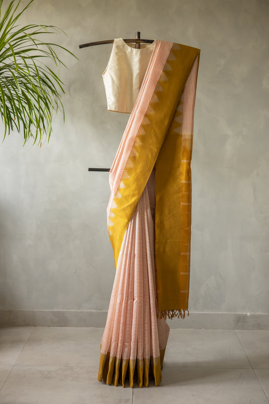 Pink Beige Striped Silk Cotton with Mustard Temple Border and Pallu Saree