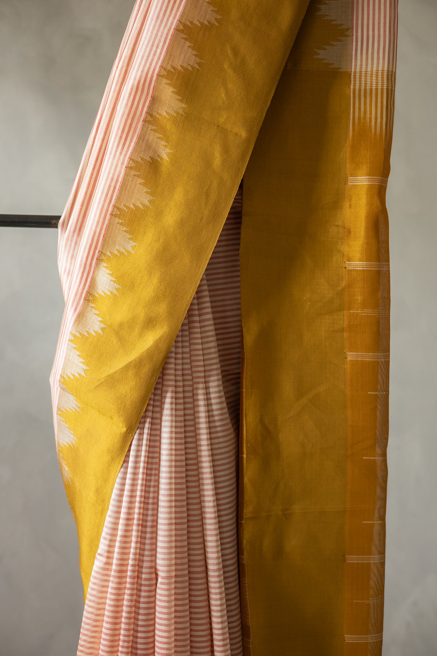 Pink Beige Striped Silk Cotton with Mustard Temple Border and Pallu Saree