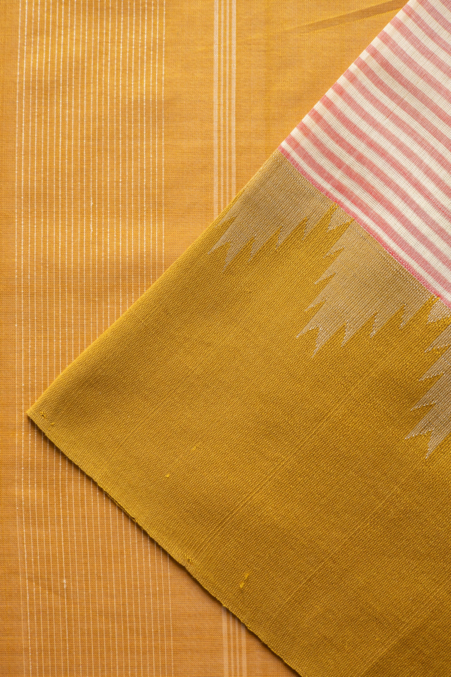 Pink Beige Striped Silk Cotton with Mustard Temple Border and Pallu Saree