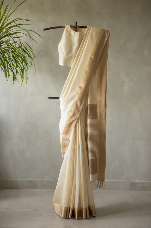 Off White with Beige  Border and Striped pallu saree