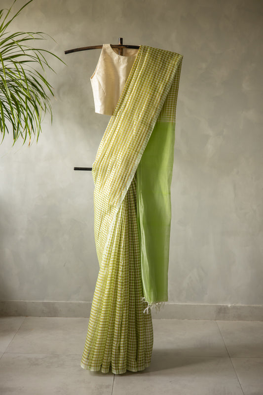 Green and White Missing Checks Silk Cotton Saree