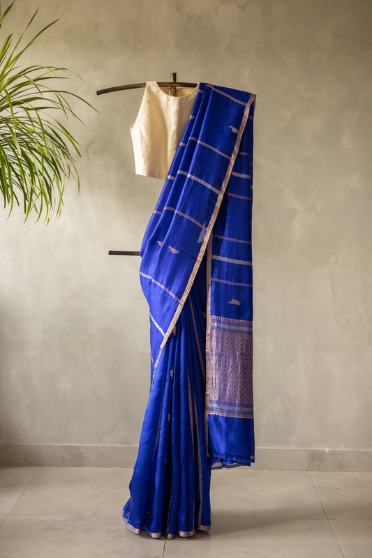 Royal Blue Pure Chanderi Silk with Bright Orange Blouse saree