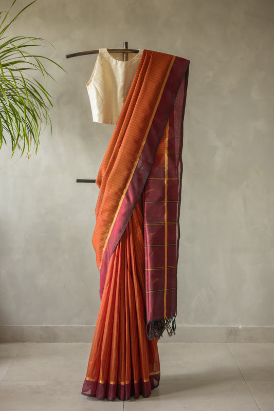Brown All Over Stripes with Maroon Border Silk Cotton Saree