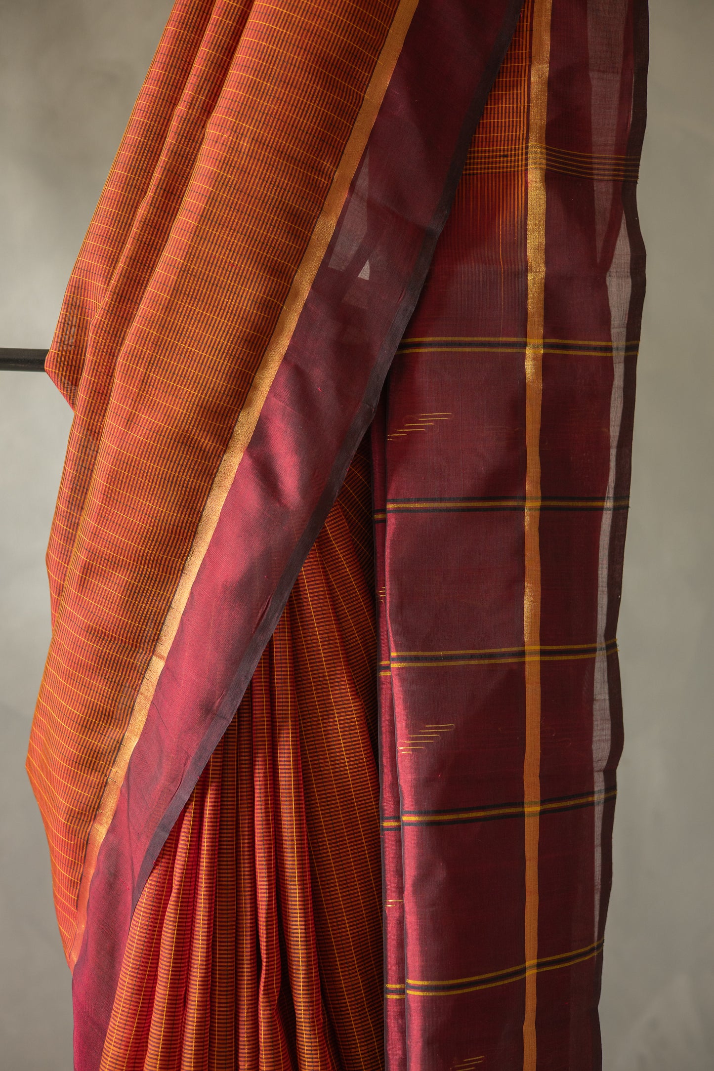Brown All Over Stripes with Maroon Border Silk Cotton Saree