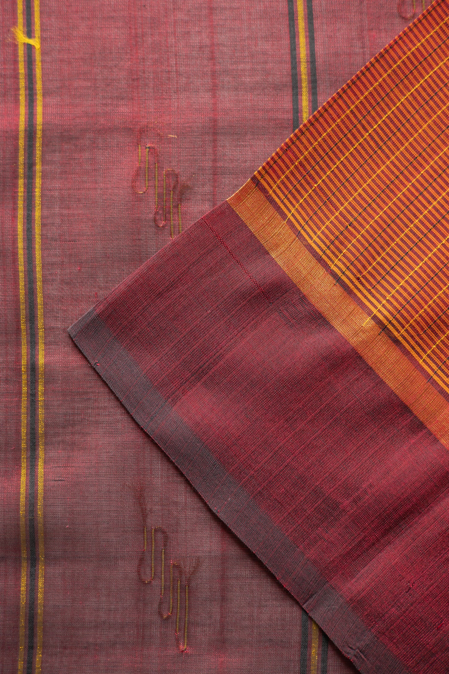 Brown All Over Stripes with Maroon Border Silk Cotton Saree