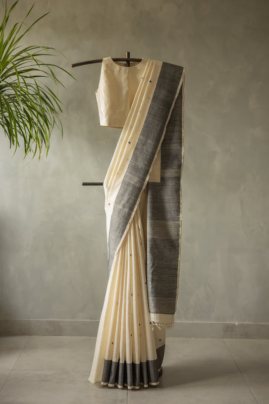 Off White Tussar Handspun with Black Border and Polka Motif Saree
