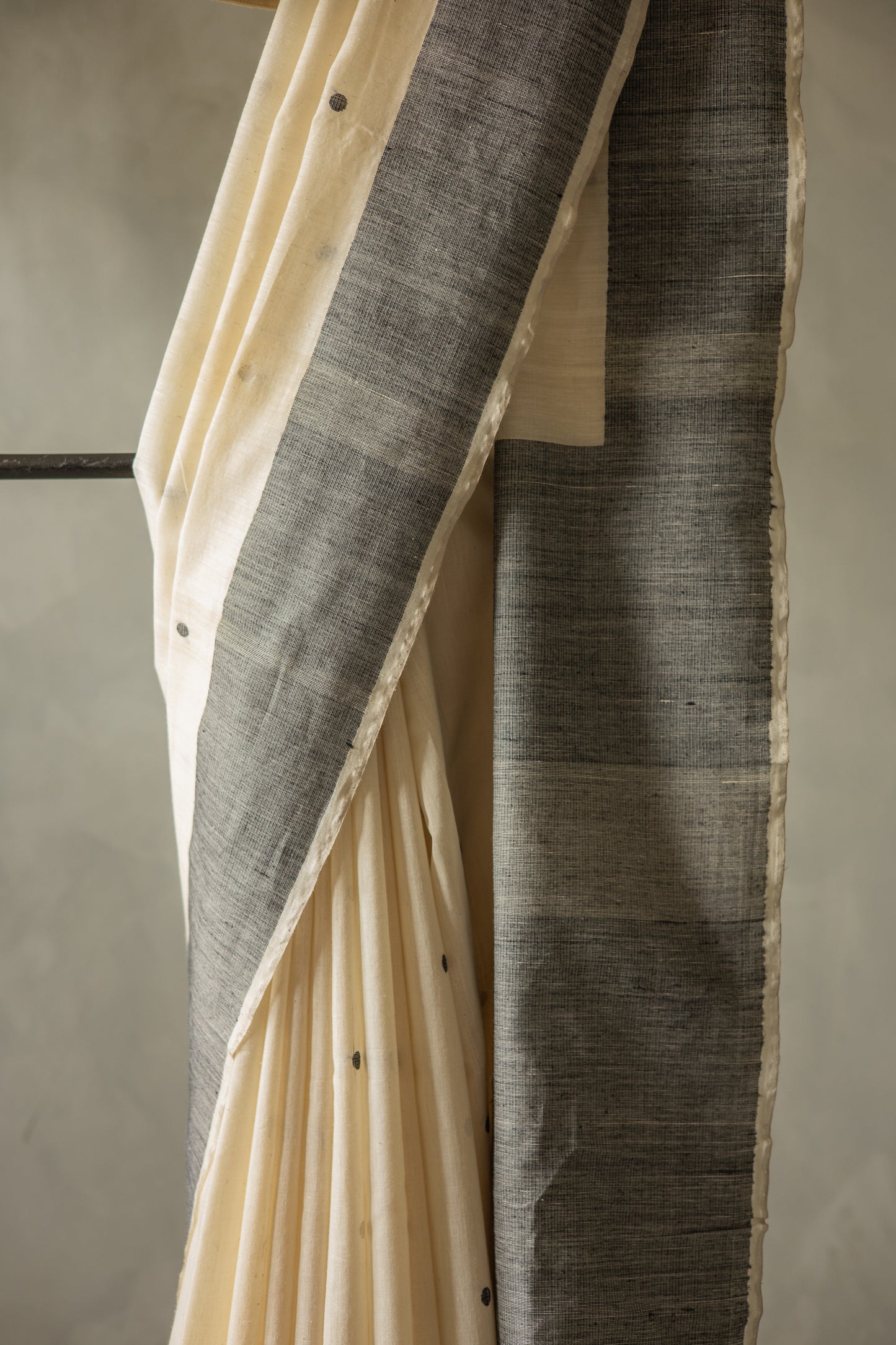 Off White Tussar Handspun with Black Border and Polka Motif Saree