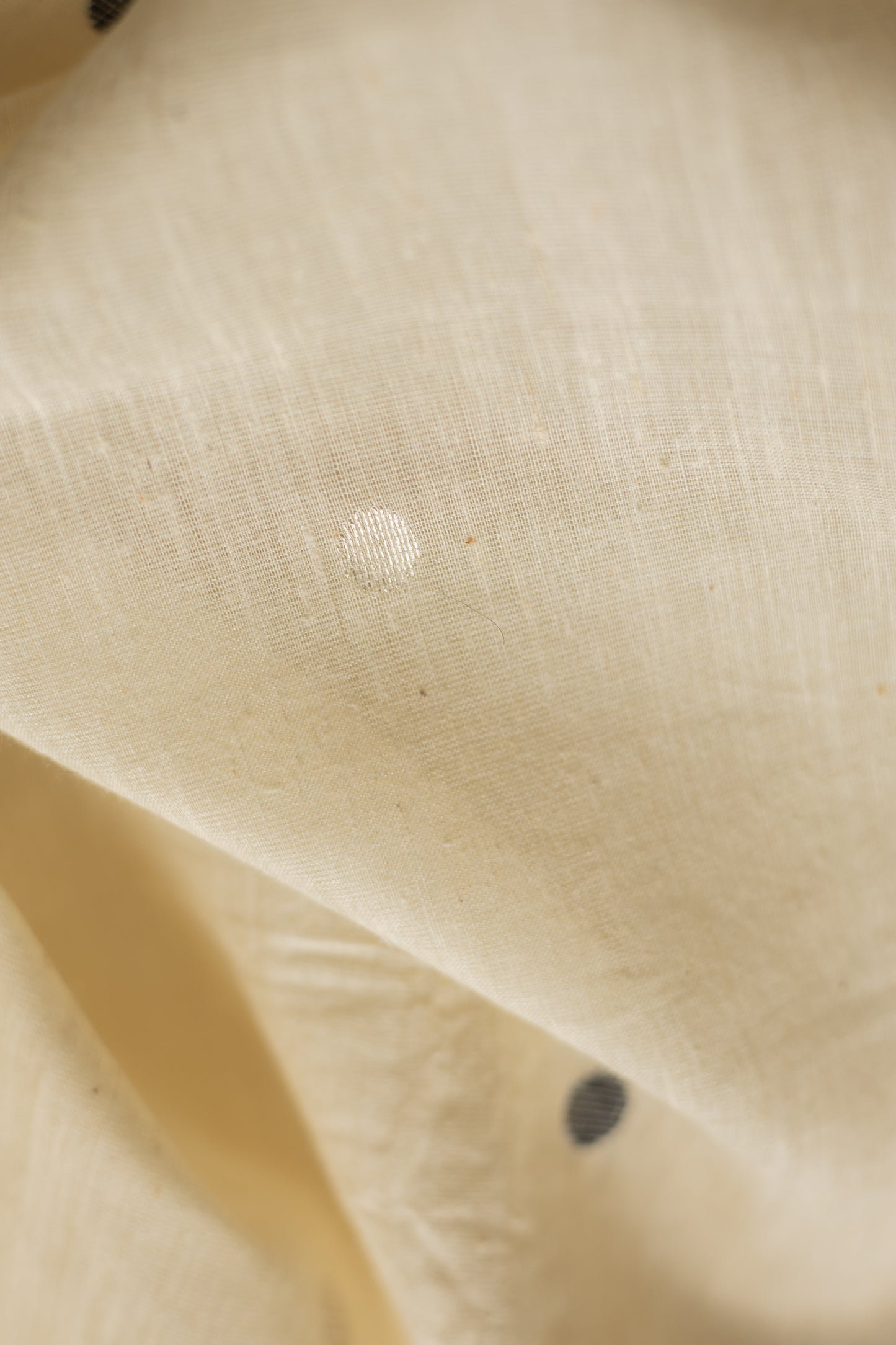 Off White Tussar Handspun with Black Border and Polka Motif Saree