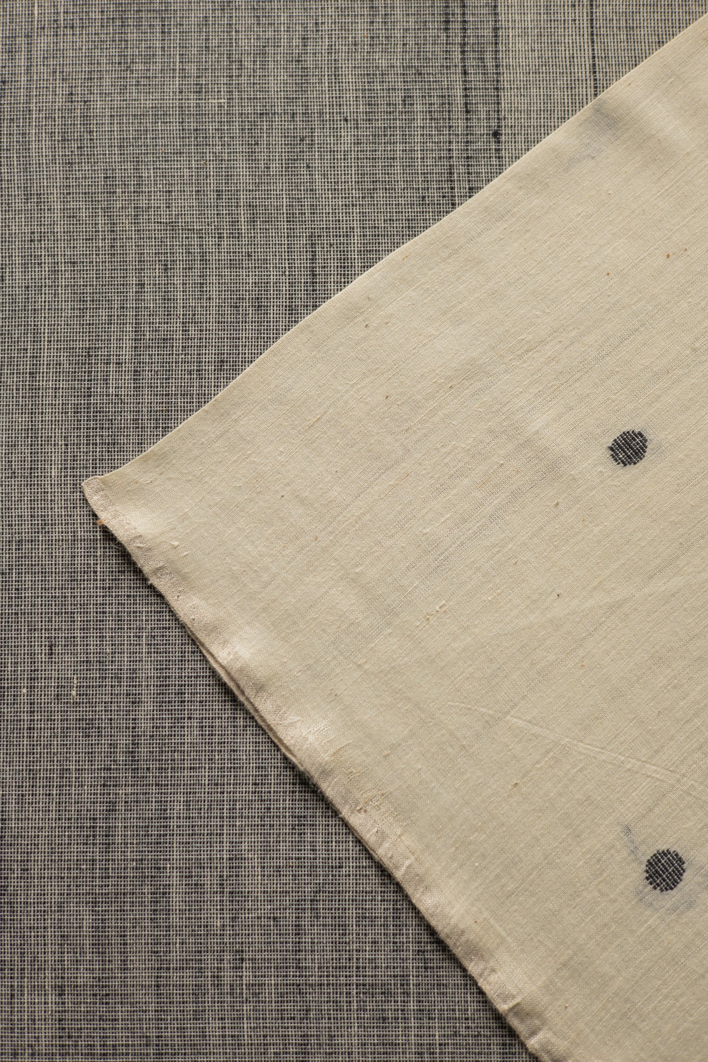 Off White Tussar Handspun with Black Border and Polka Motif Saree