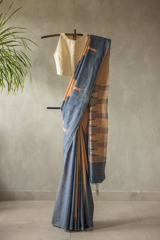 Peach and Blue Silk Cotton with Temple Border and Pallu Saree