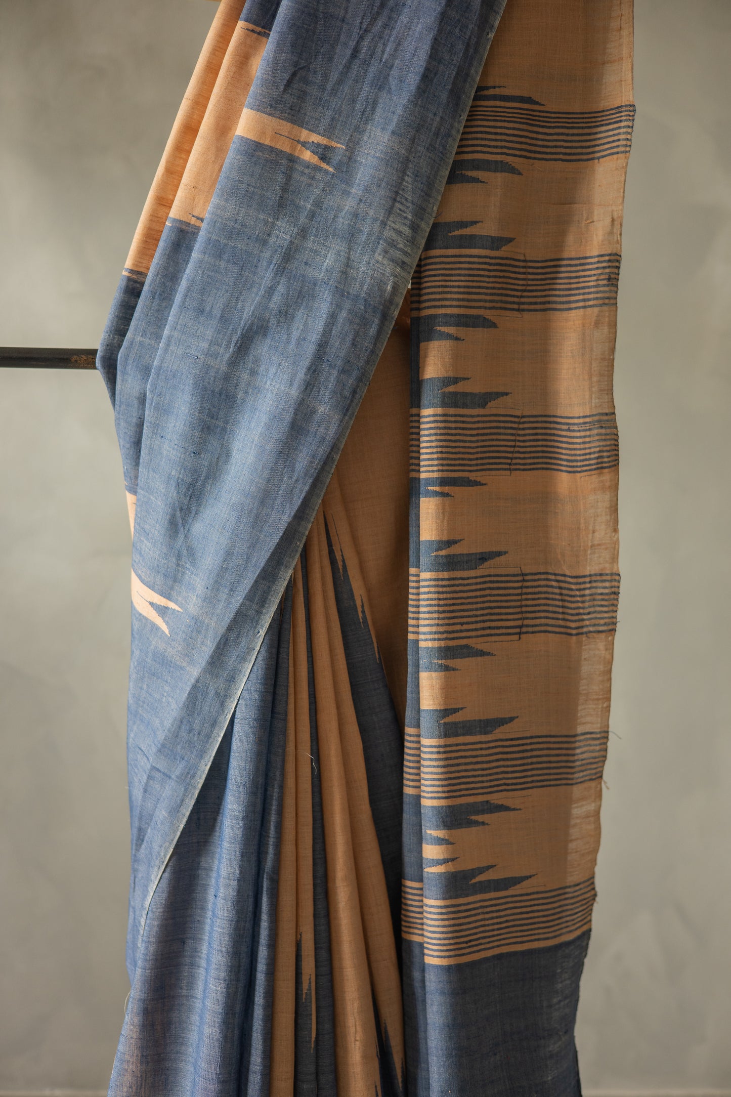 Peach and Blue Silk Cotton with Temple Border and Pallu Saree