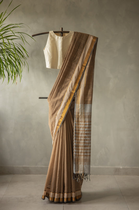 Brown Kota Cotton with Grey Striped Pallu Saree