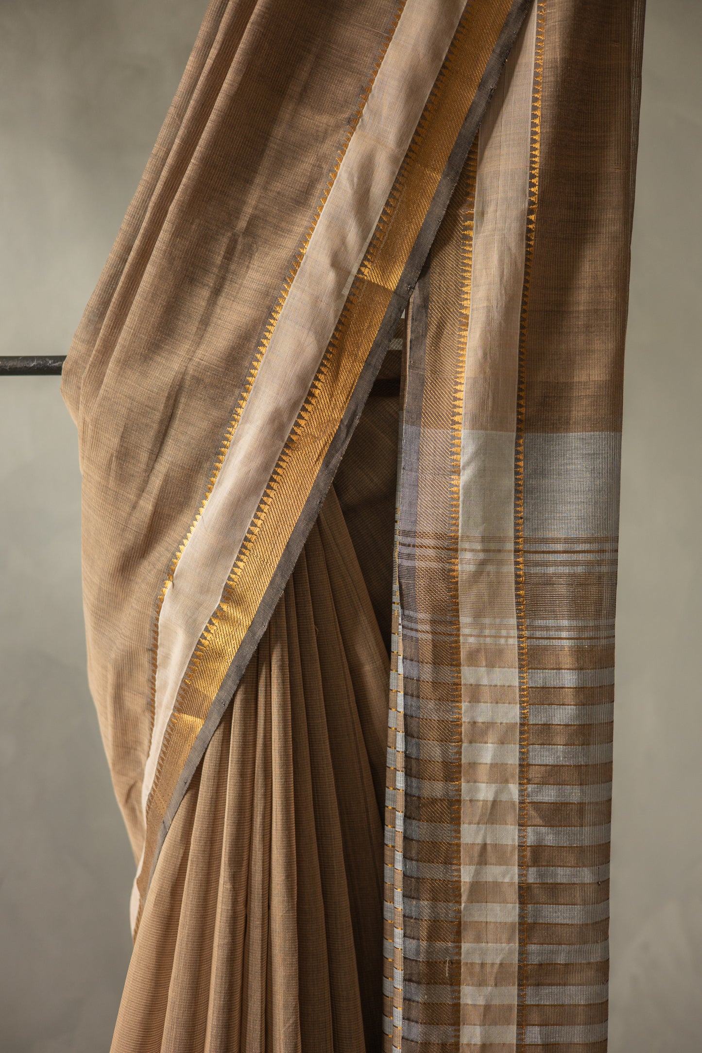 Light Brown Mangalagiri Cotton with Grey Stripped Pallu Saree