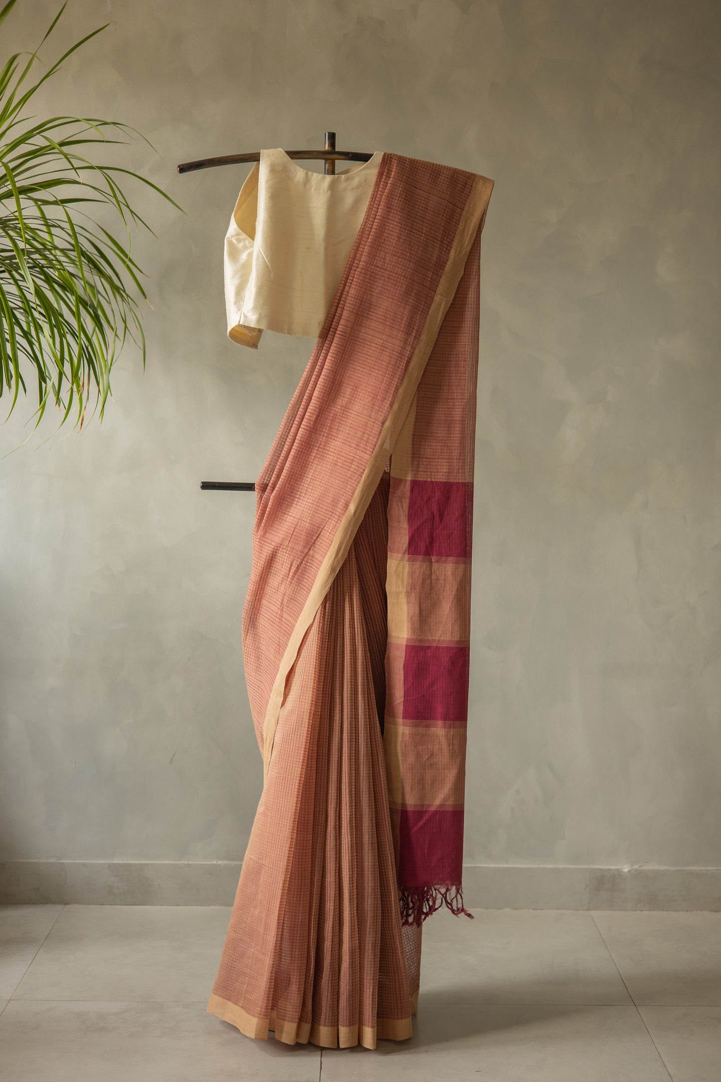 Light Brown Mangalagiri Cotton with Maroon Stripped Pallu  Saree