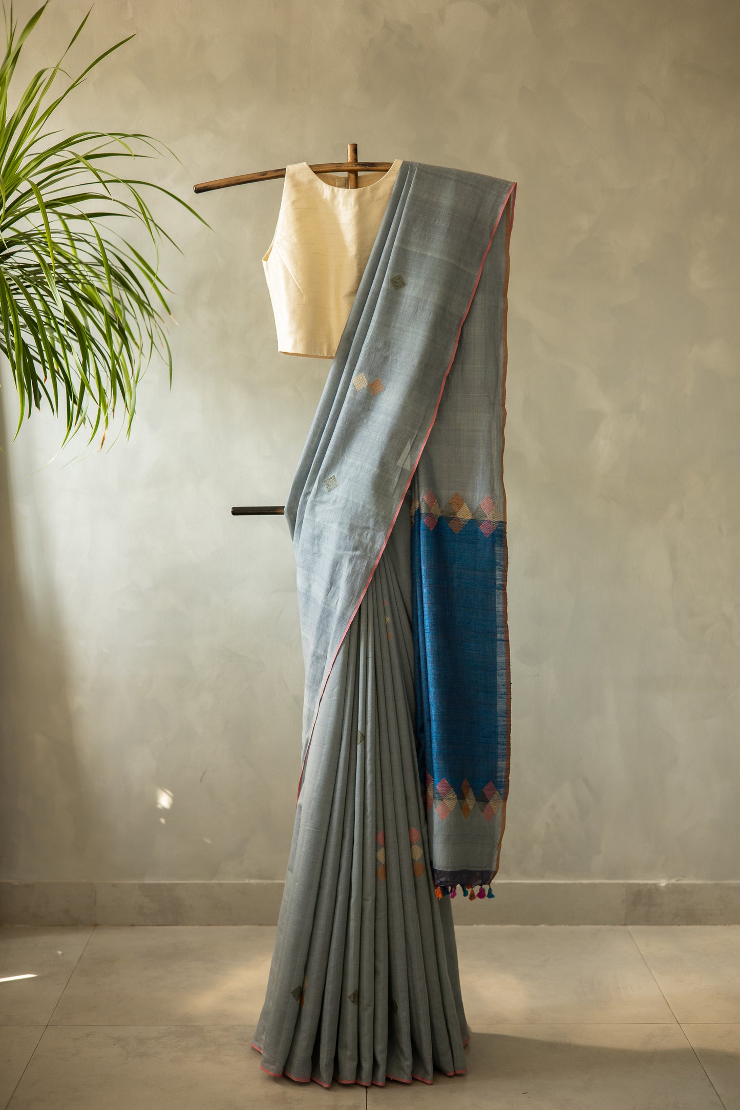 Grey Cotton Abstract with Motif and Mid Blue Pallu Saree