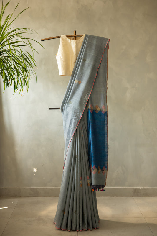 Grey Cotton Abstract with Motif and Mid Blue Pallu Saree