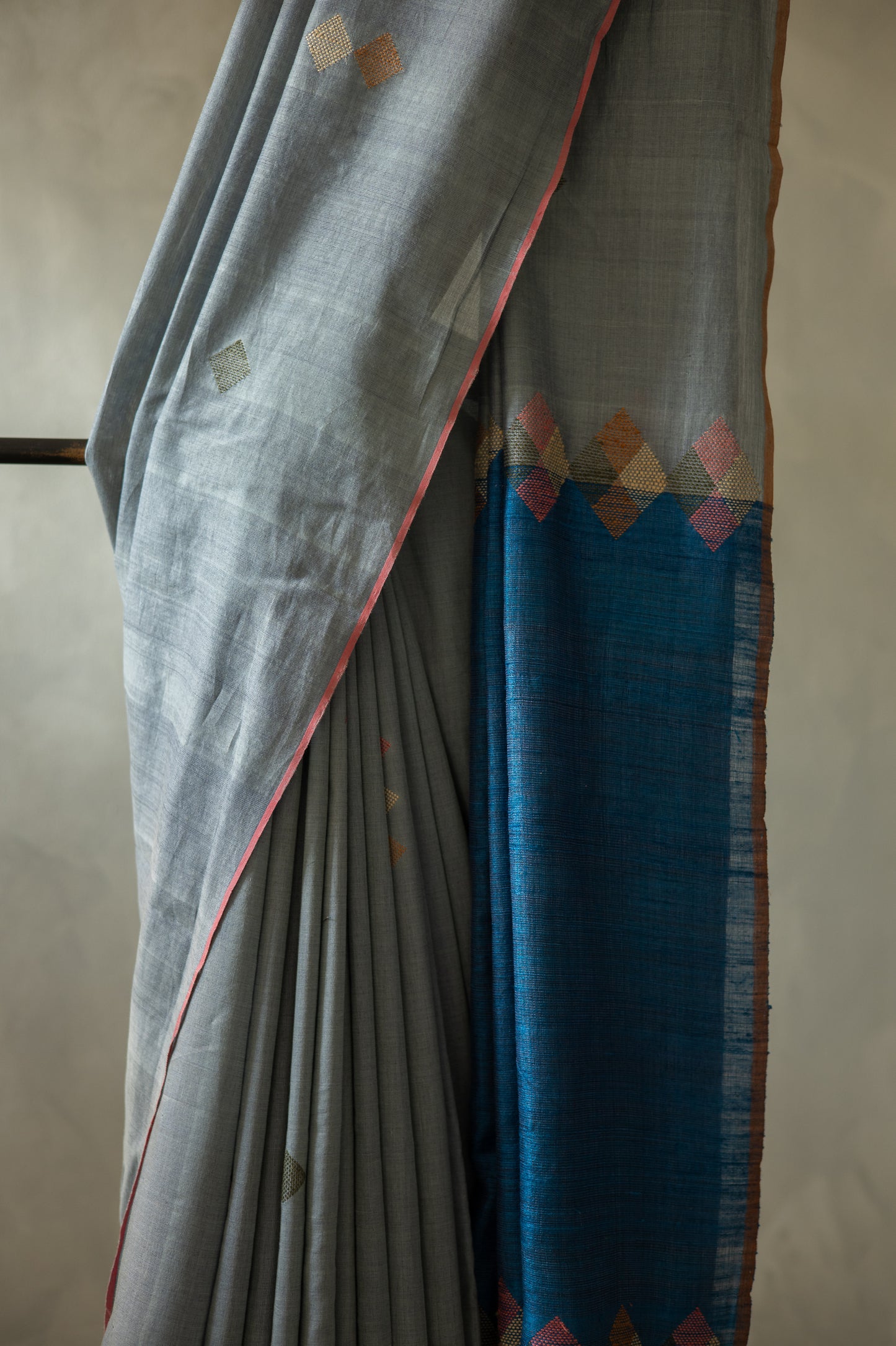 Grey Cotton Abstract with Motif and Mid Blue Pallu Saree